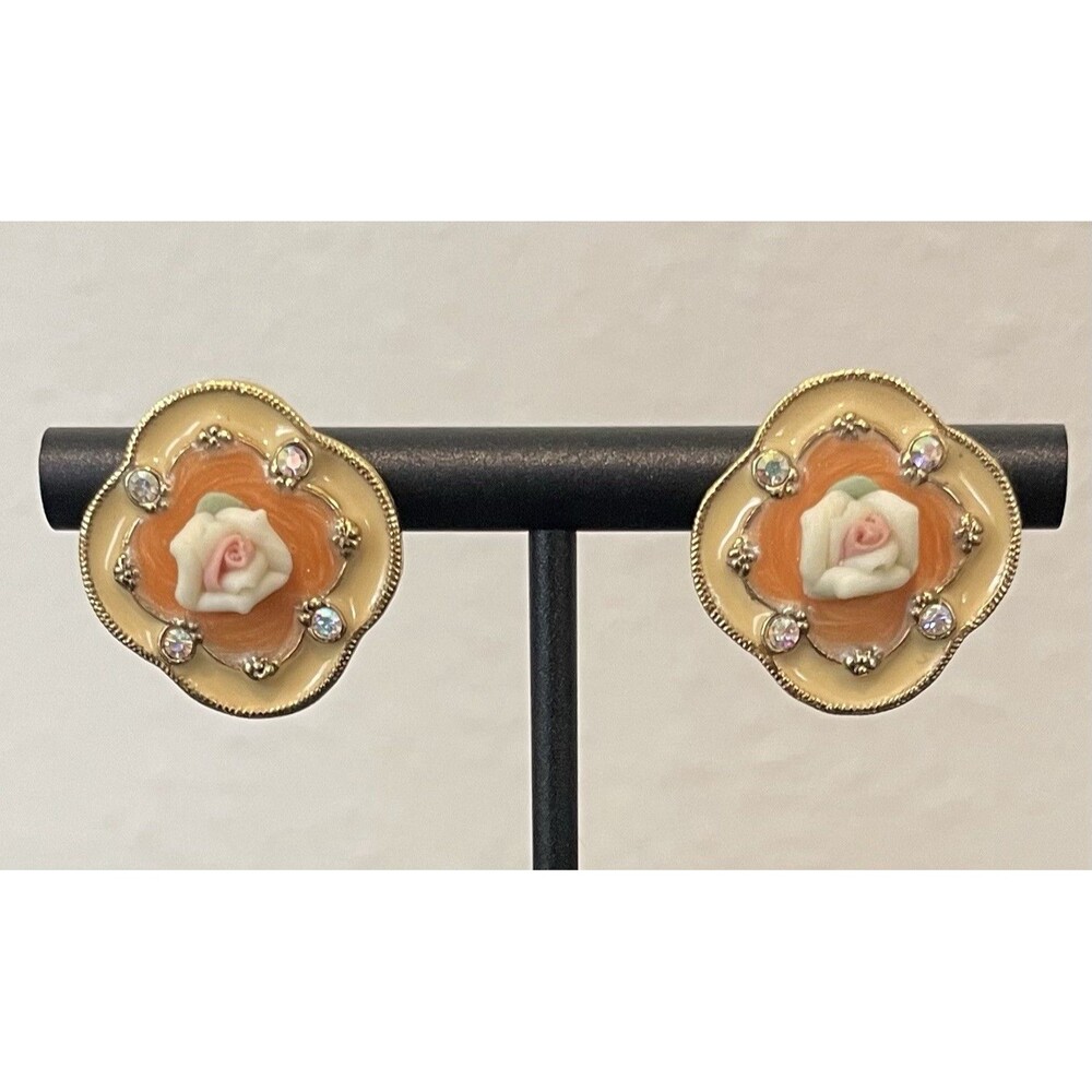 1928 Brand Rose Enamel Rhinestone Goldtone Earrings For Women